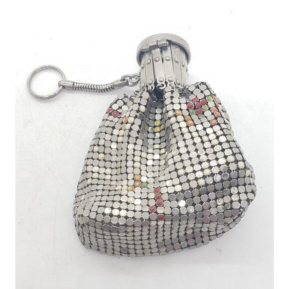 Vintage chatelaine Silver Mesh Coin Purse Compact Expanding Frame Enamel Accent - Picture 1 of 16